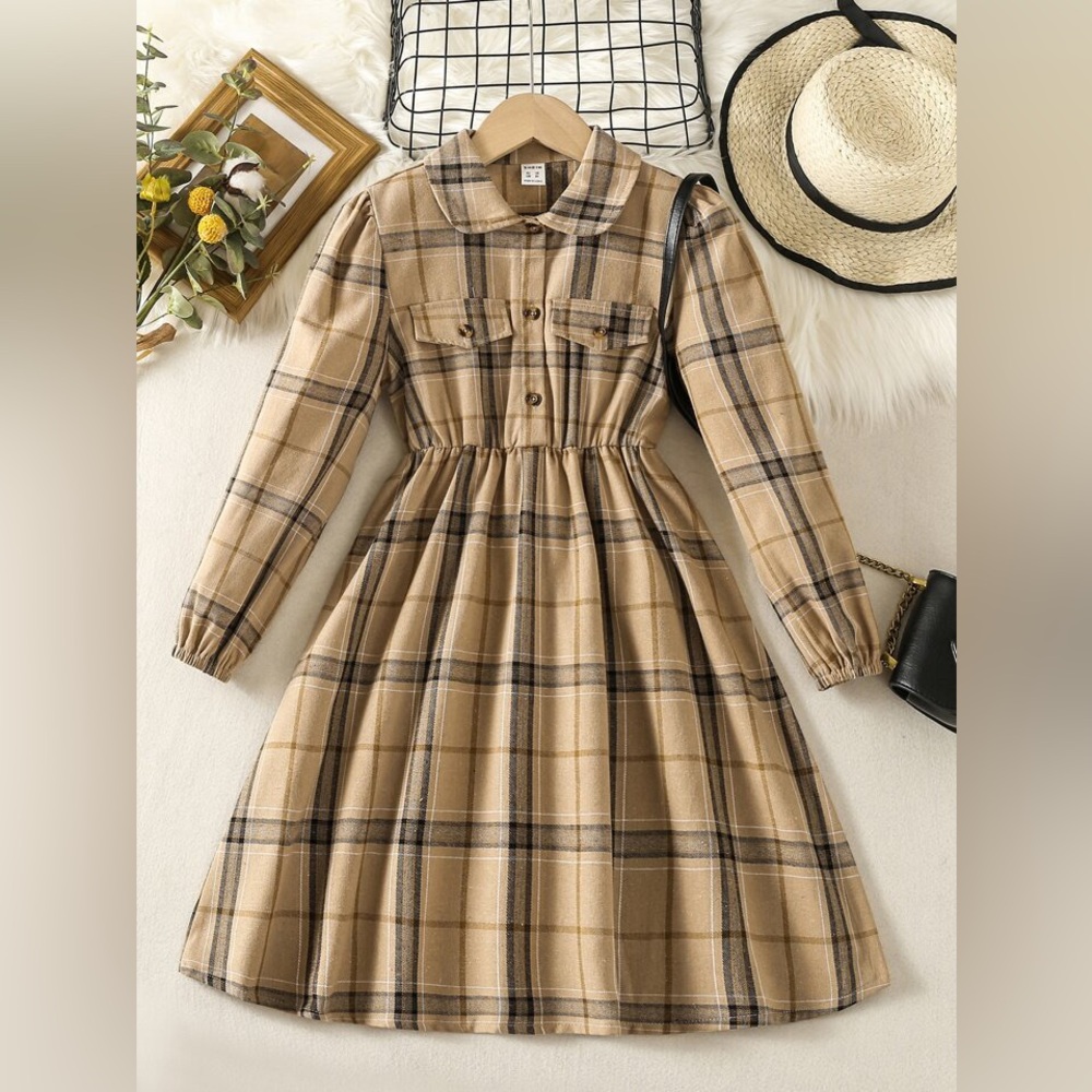 SHEIN Girls 11/12Y Brown Plaid Print Flap Detail Peter Pan Collar Shirt Dress